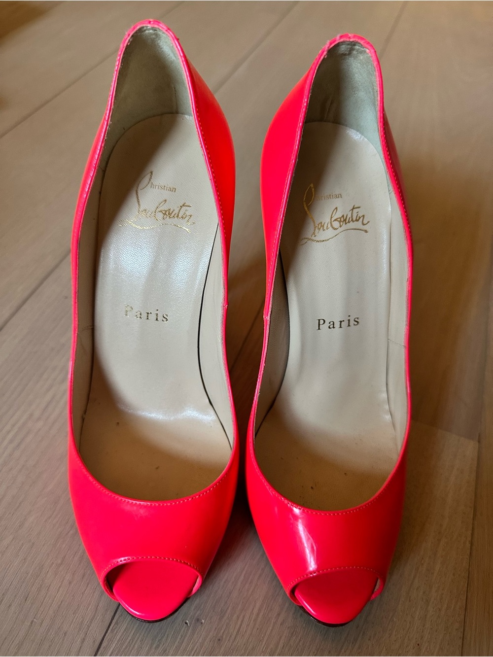 Christian Louboutin Neon Pink Patent Peep-Toe Pumps